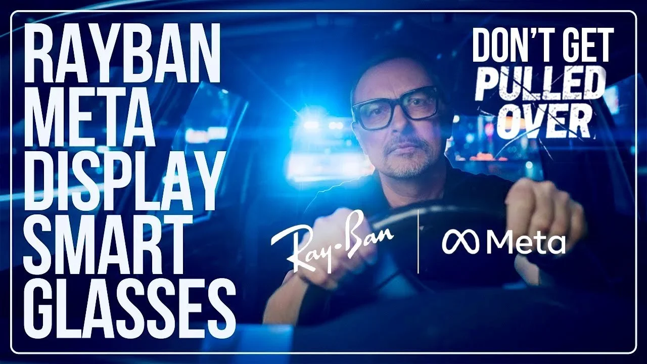 Person wearing smart glasses while driving, with text promoting Ray-Ban Meta display smart glasses and a warning to not get pulled over.