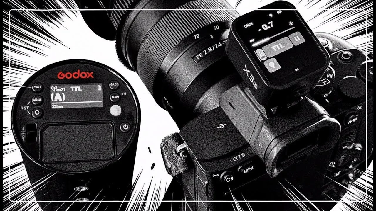 A professional camera with a large zoom lens, a Godox flash unit, and a smartwatch displaying a calibration or communication app are on a stylized background with comic book-style lines.
