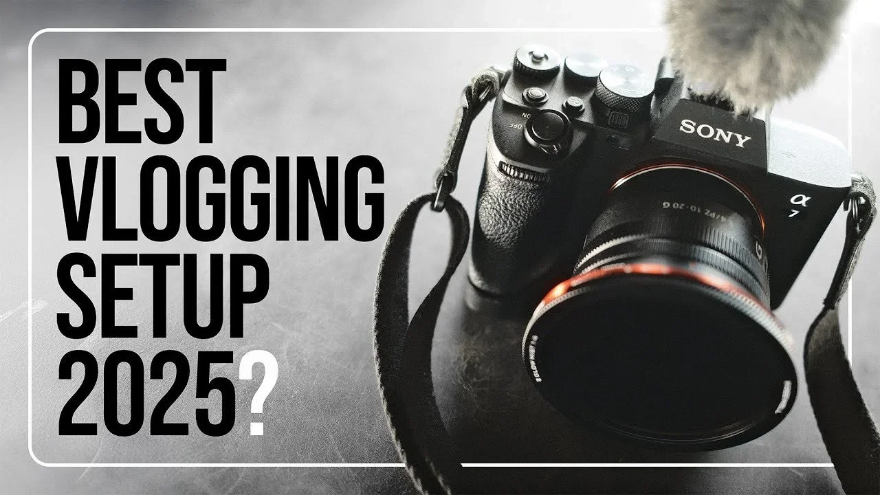 A camera with a microphone on top and a camera strap on a flat surface, with bold black text that reads 'Best Vlogging Setup 2025?'
