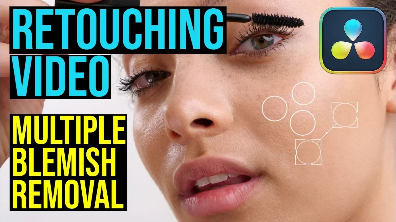 Thumbnail image for a video tutorial on retouching and removing blemishes from skin, featuring a close-up of a woman's face with makeup tools and graphics.