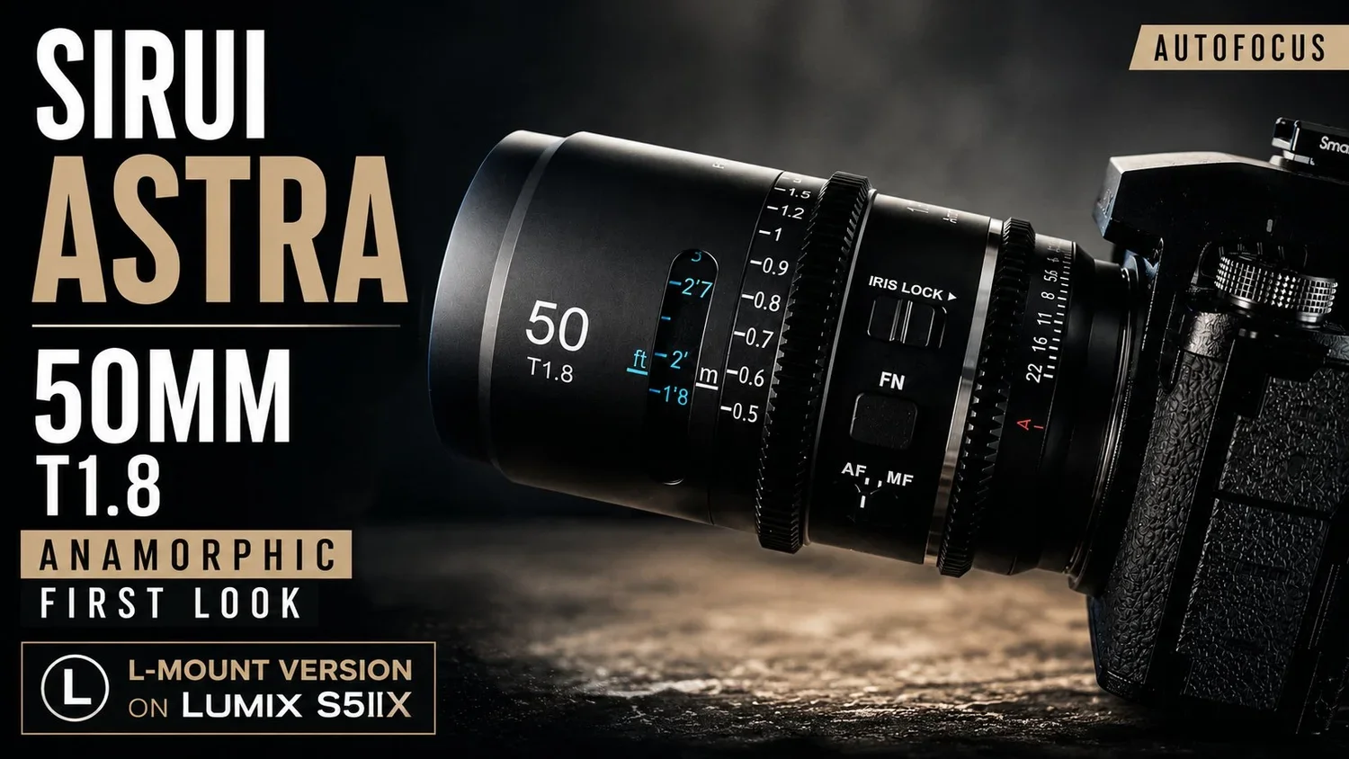 Close-up of a professional camera with a 50mm f/1.8 anamorphic lens attached, highlighting the lens details. The image includes text promoting the Sirui Astra 50mm T1.8 anamorphic lens, first look, L-mount version on Lumix S5IIX camera, with specific