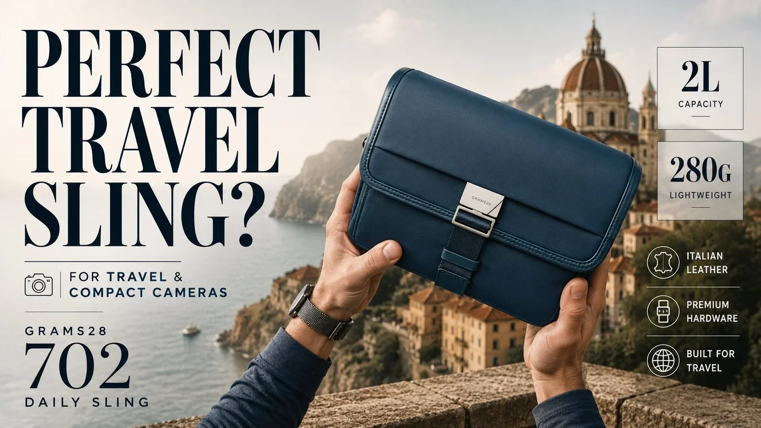 A person holding a navy blue travel sling bag in front of a scenic European coastal town with a prominent dome building, highlighting the bag's features: 2-liter capacity, lightweight at 280 grams, made of Italian leather, equipped with premium hardw