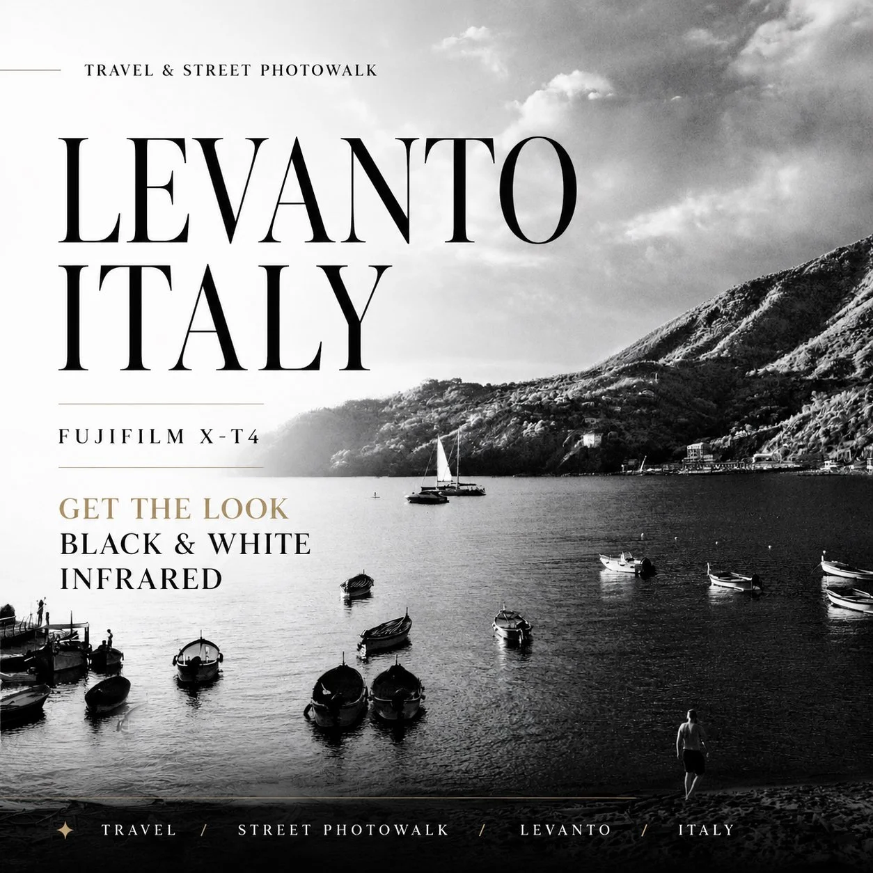 Black and white photo of a coastal town with boats in the water and buildings along the shoreline, mountains in the background, and the YouTube logo in the top right corner. Text reads "Levanto Fujifilm X-T4".