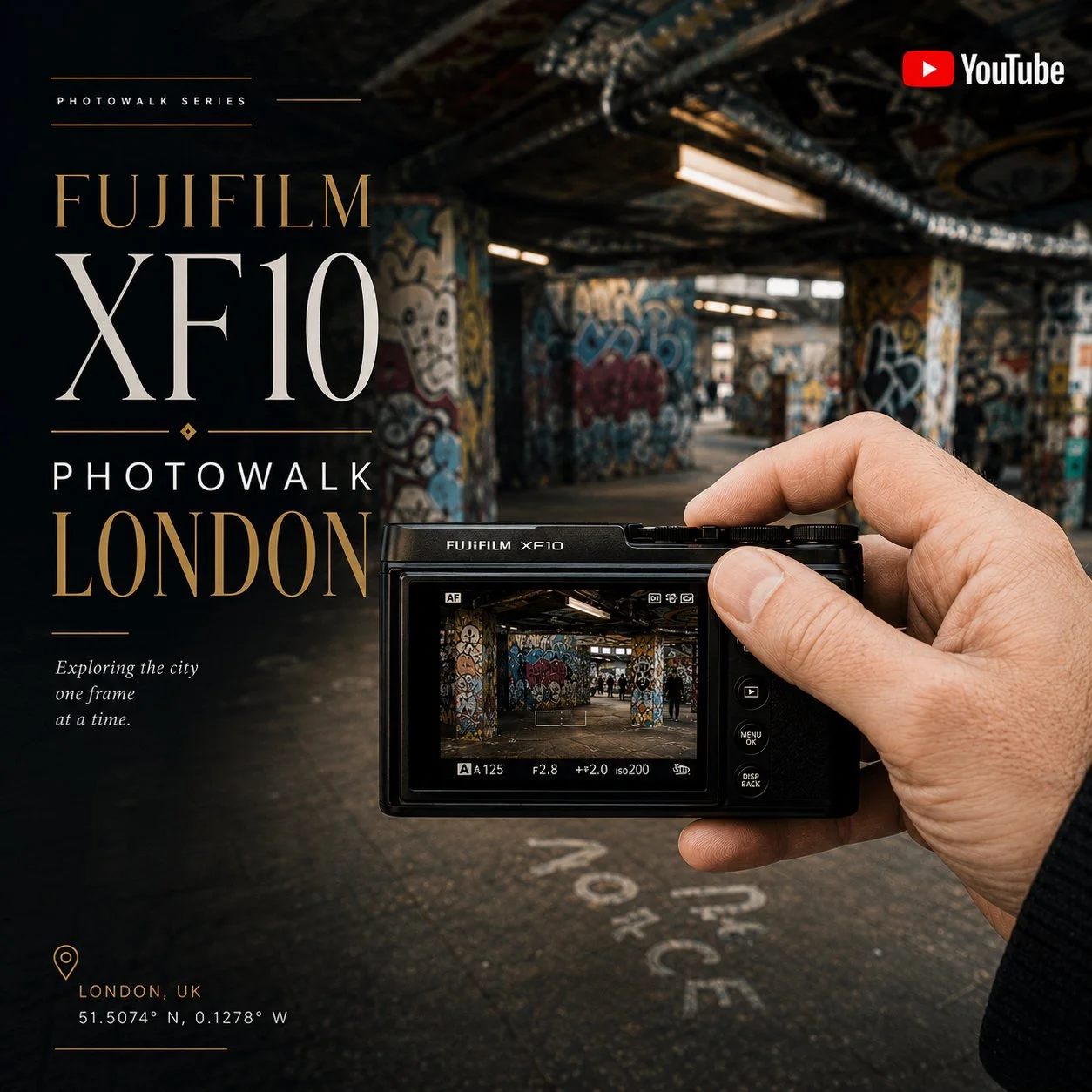 A person holding a digital camera in front of graffiti-covered walls at a London photo walk event for Fujifilm XE10, with a YouTube logo in the bottom right corner.