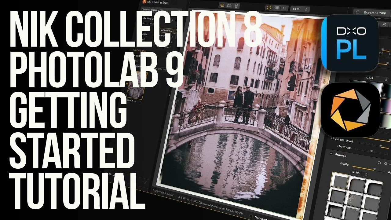 Tutorial cover showing editing software with a photo of two people on a bridge over a canal in Venice.
