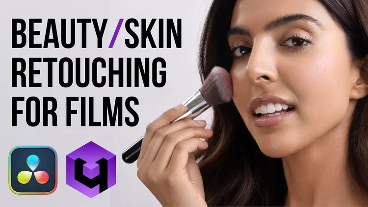 A woman applying makeup with a brush, with text that says "Beauty/ Skin Retouching for Films," and icons of editing software on a white background.