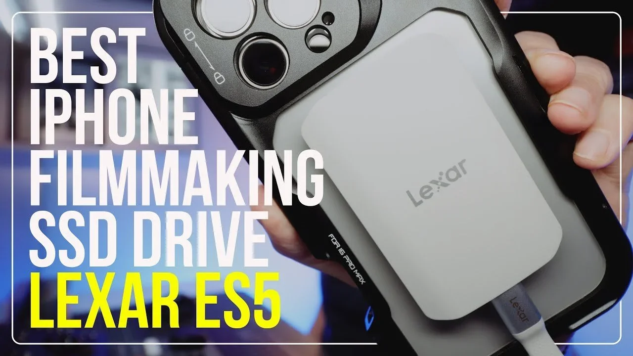 A person holding a smartphone with an SSD drive connected to it. Text on the image says 'Best iPhone Filmmaking SSD Drive Lexar E55'.
