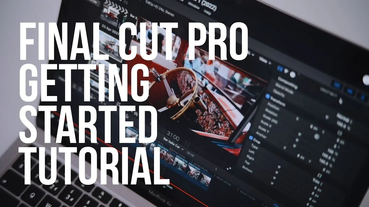 Computer screen displaying a video editing software with a project featuring an orange vintage car interior, overlaid with large white text that reads 'Final Cut Pro Getting Started Tutorial'.