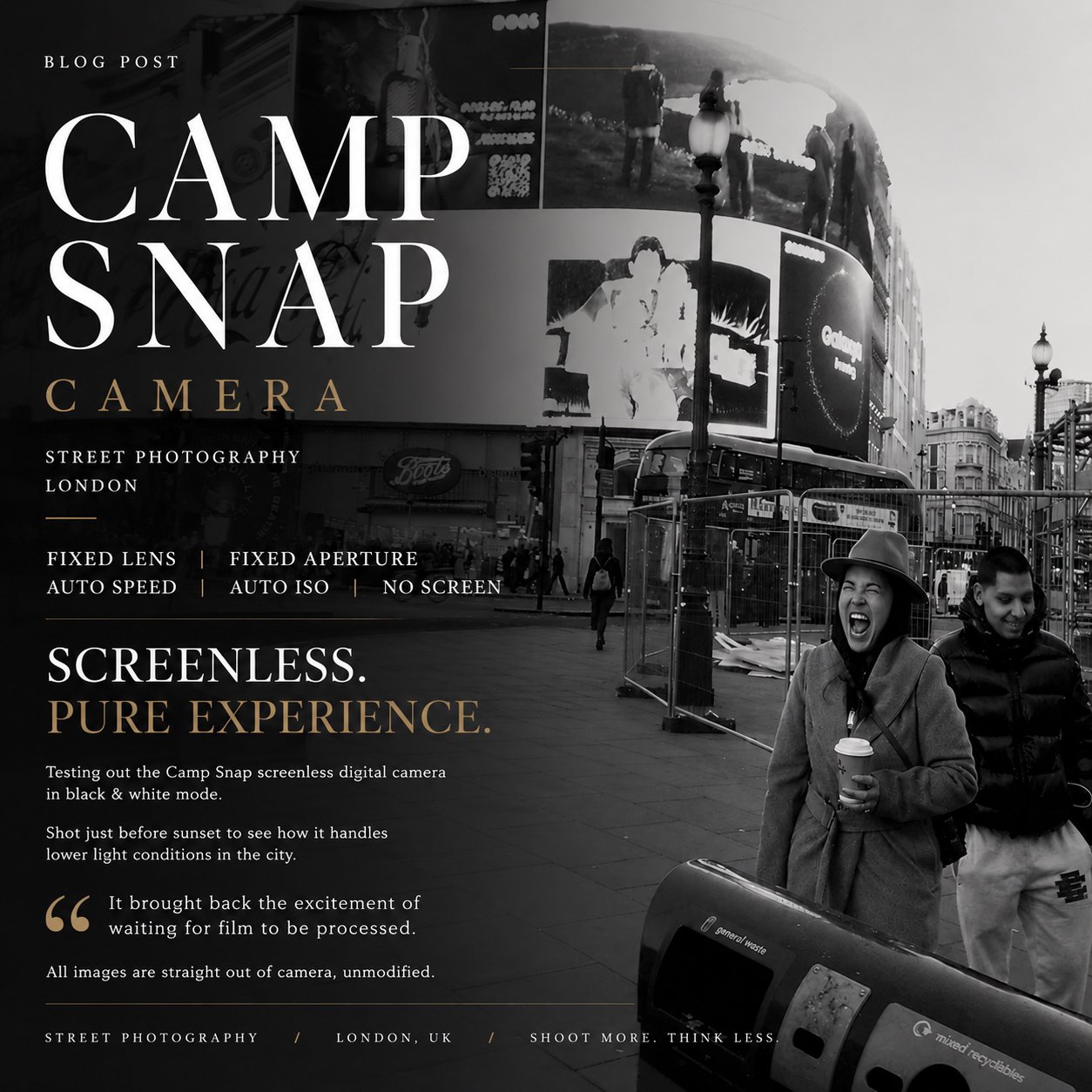 Black and white photo of a busy street scene in London with two smiling people, one holding a coffee cup, and urban advertisements on buildings, with the text 'Camp Snap Street Photography London' and a YouTube logo.