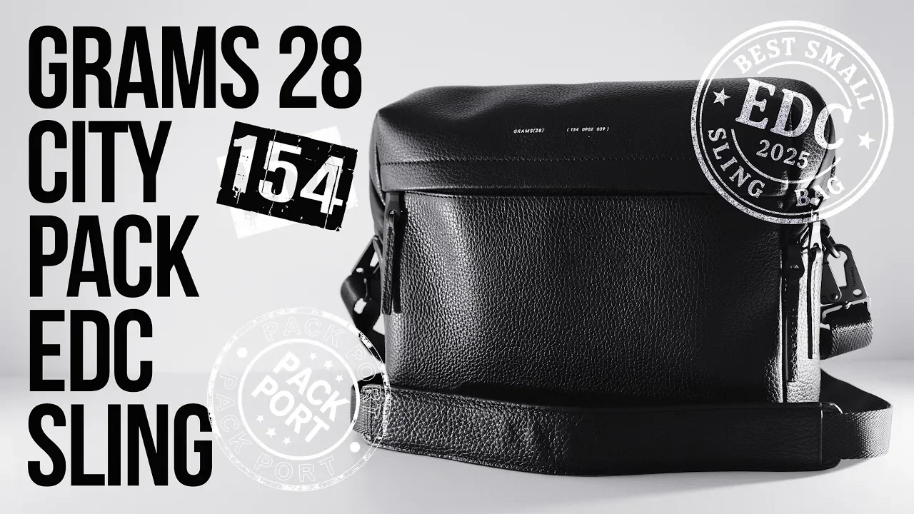 A black leather sling bag on a grey background with text indicating its weight, city pack size, and brand.