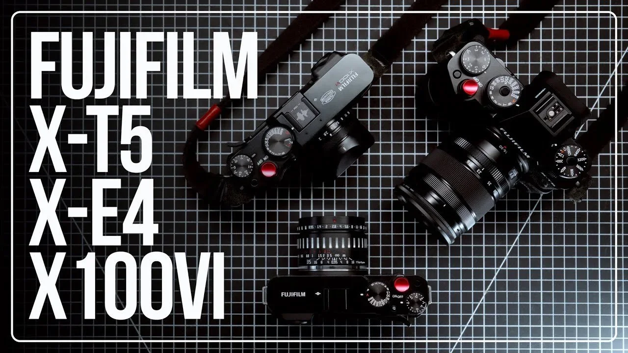 An overhead shot of two Fujifilm cameras and three camera accessories placed on a black graph paper background with grid lines. The text 'FUJIFILM X-T5 X-F4 X100V' is written on the left.