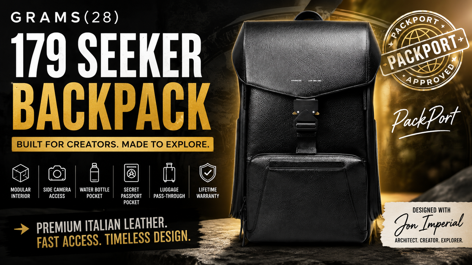 Black leather backpack with multiple compartments, positioned on a surface with a dark background and gold accents, featuring a 'PackPort' logo and various product features like modular interior, side camera access, water bottle pocket, secret passpo