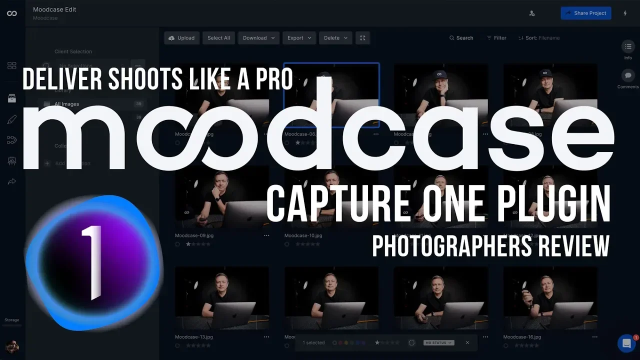 Screenshot of a computer screen showing a photo management software with several images of a man sitting at a desk. Overlaid text promotes the Moodcase plugin for capturing professional shots with the tagline 'Deliver Shots Like a Pro,' and mentions 