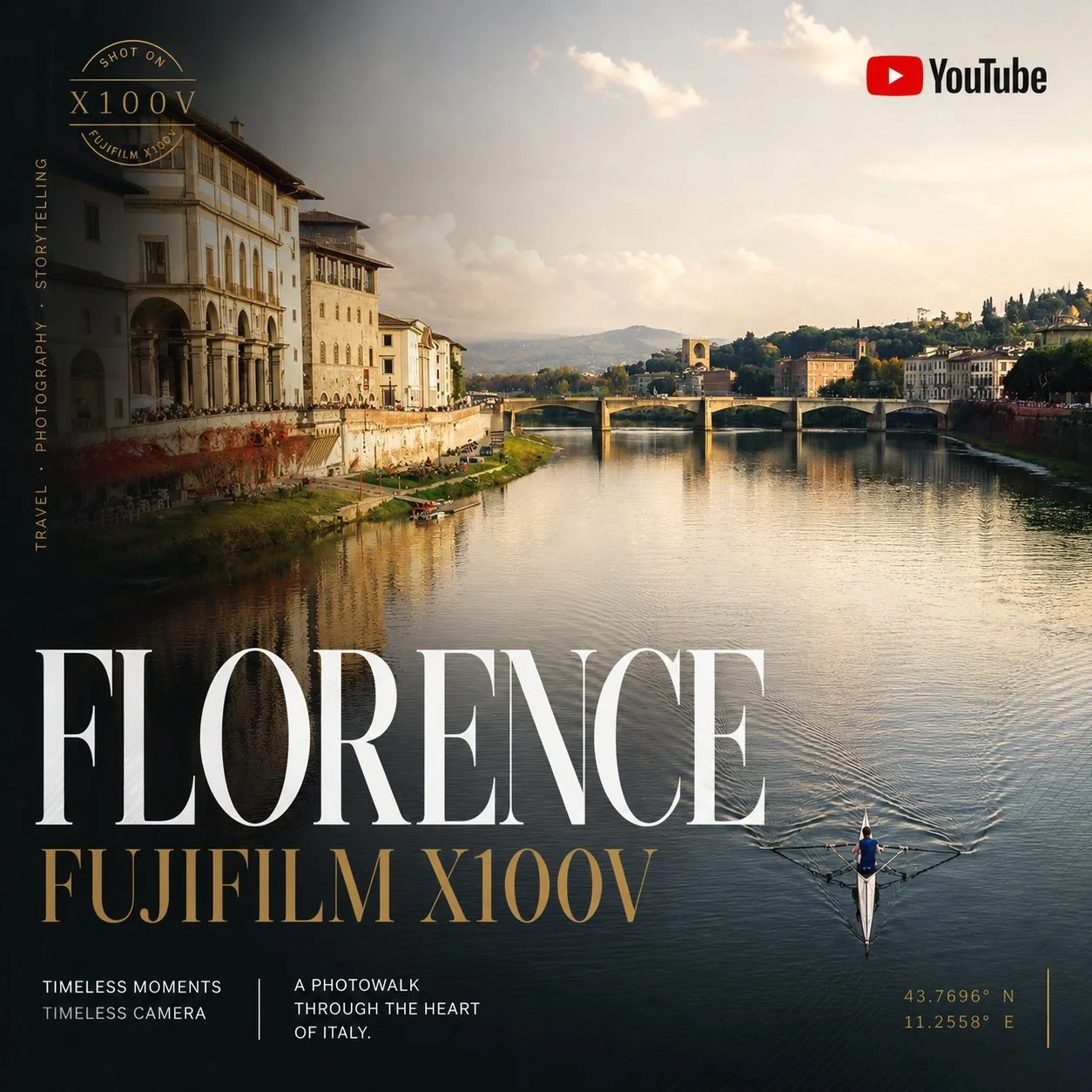 A person kayaking on a river with historic buildings and bridges in Florence, Italy, visible in the background.