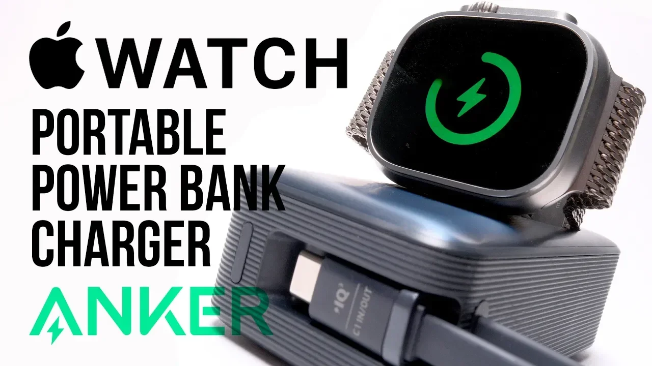 Apple Watch displaying a green charging icon with a lightning bolt, placed on an Anker portable power bank charger.