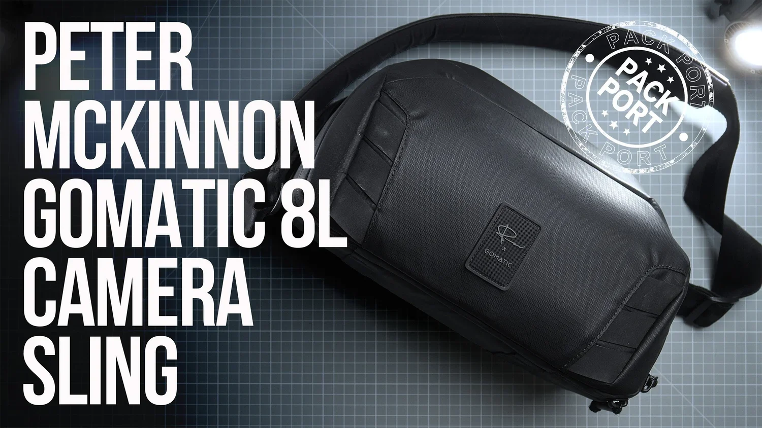 A black Gomatic camera sling bag with adjustable strap on a dark grid background, with text overlay reading "Peter McKinnon Gomatic 8L Camera Sling" and a circular stamp with "Pack Port".