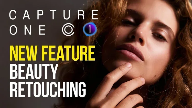 Close-up of a woman with curly hair touching her chin, with overlaid text promoting a new beauty retouching feature in Capture One.