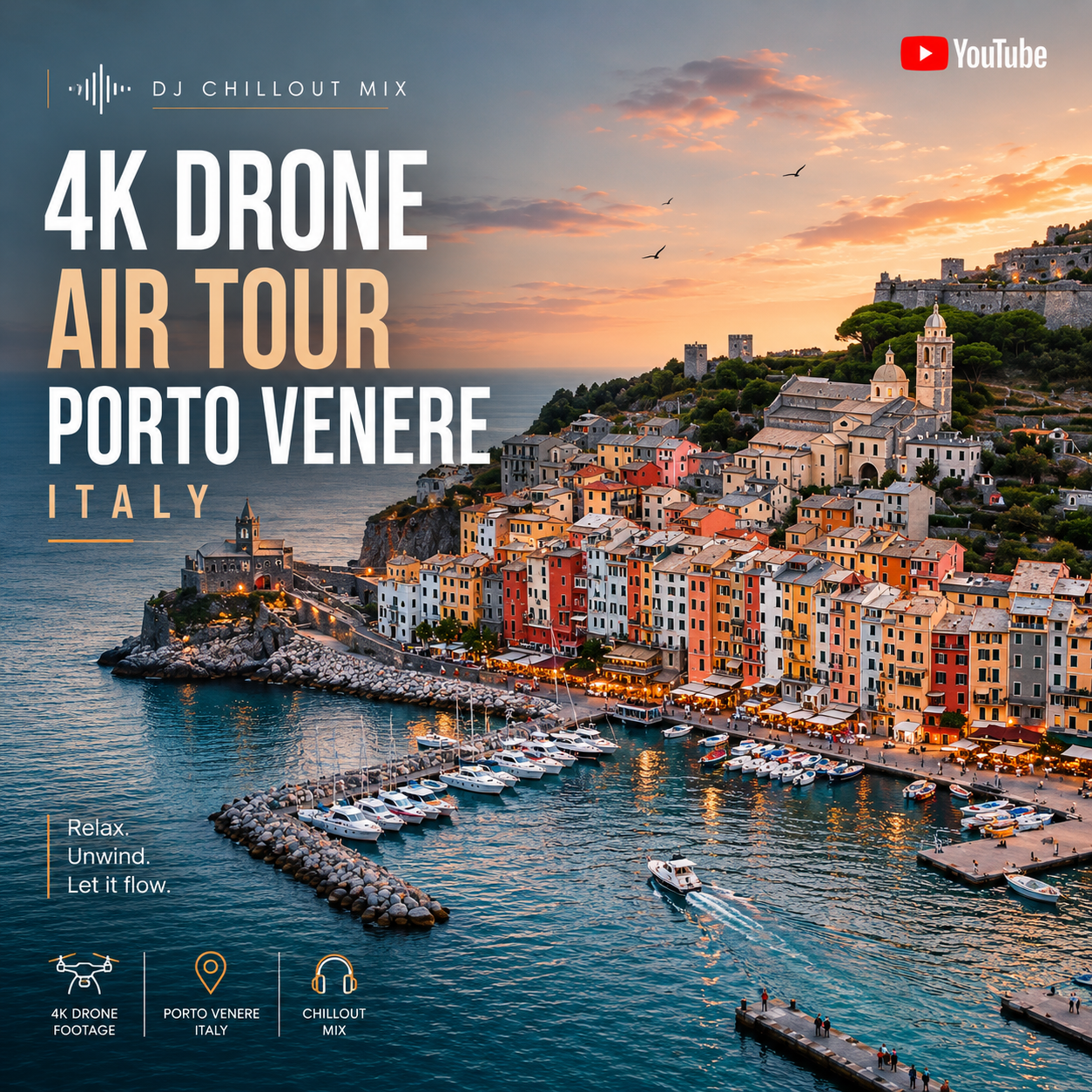 Aerial view of Porto Venere, Italy with colorful buildings along the waterfront and a harbor with boats. Text overlay advertises a DJ Chillout Mix, 4K drone air tour, and YouTube channel.