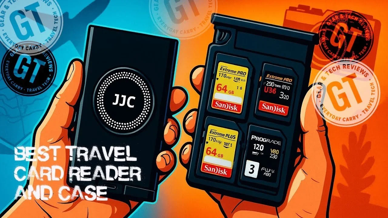Two hands holding digital memory card readers, one labeled JJC and the other showing various SD and microSD cards, with a colorful background and the text 'Best Travel Card Reader and Case' overlaid.