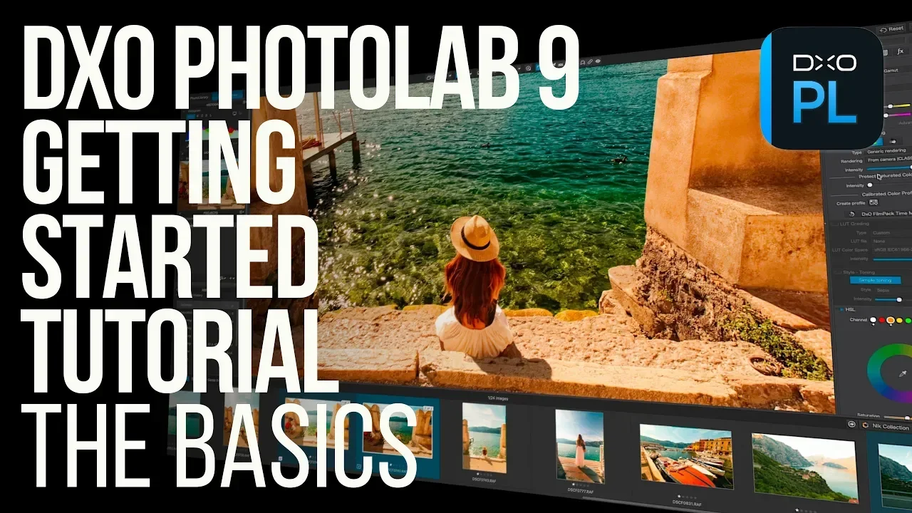Screenshot of DXO Photolab 9 editing software with a photo of a woman sitting by the water wearing a hat, overlaid with large text 'DXO Photolab 9 Getting Started Tutorial The Basics'.