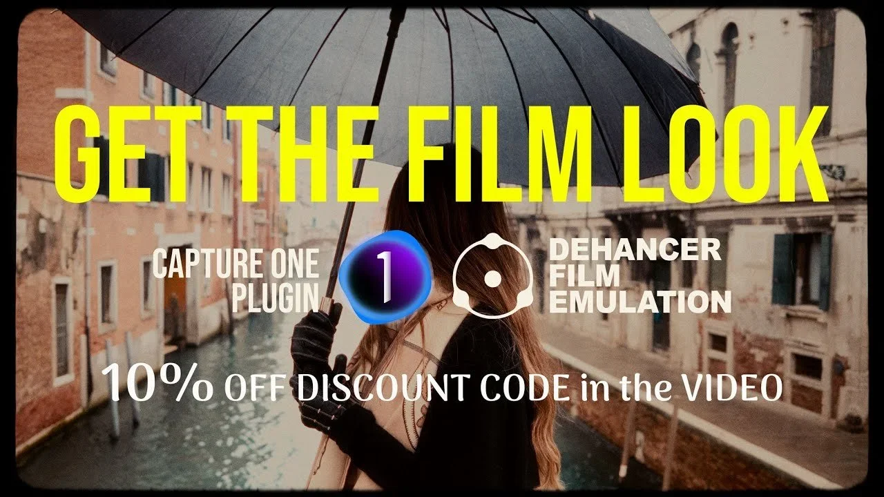 A woman holding a black umbrella standing by a canal in Venice, Italy, with old buildings in the background, and overlaid text promoting film emulation plugins and discounts.