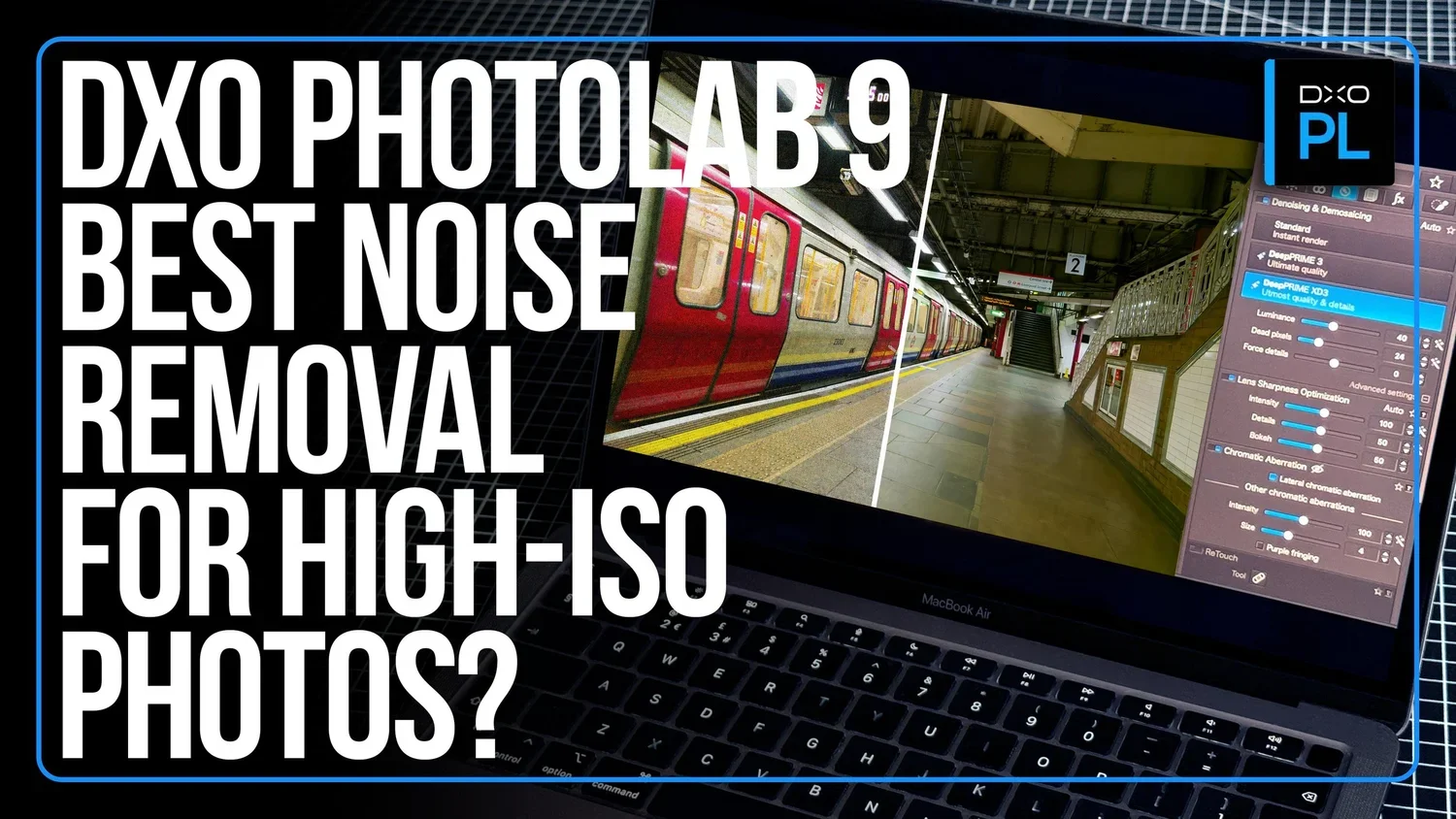 A screenshot showing a photo editing software interface on a MacBook Air, with a photo of a train station platform and a train. The overlay text asks about removing noise for high ISO photos.