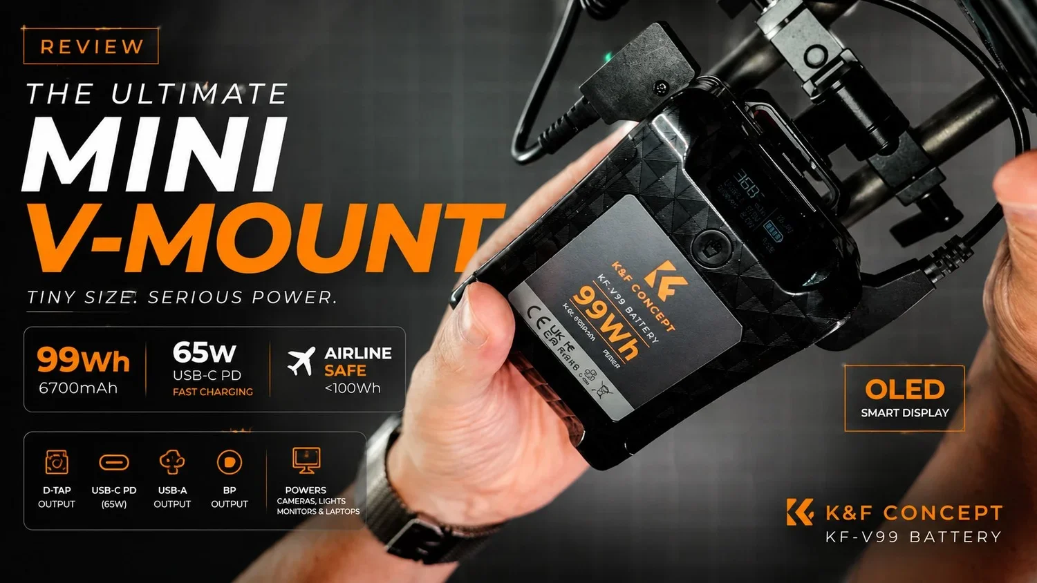 Close-up of a person holding a small V-mount battery connected to a camera rig, with text promoting a mini V-mount battery for professional video equipment, highlighting features like 99Wh battery capacity, fast USB-C PD charging, and OLED display.