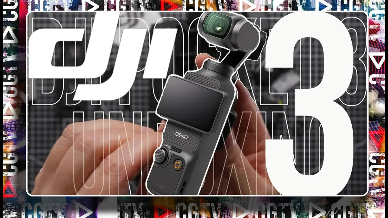 A person holding a DJI Osmo Pocket 3 handheld camera stabilizer with a screen and camera mounted on top.