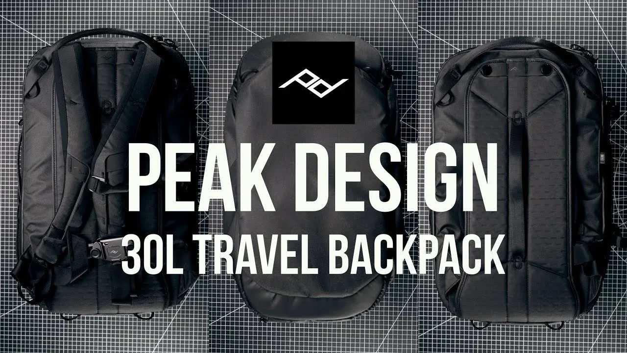 Three black travel backpacks on a cutting mat, with the text overlay 'Peak Design 30L Travel Backpack' and a Peak Design logo.
