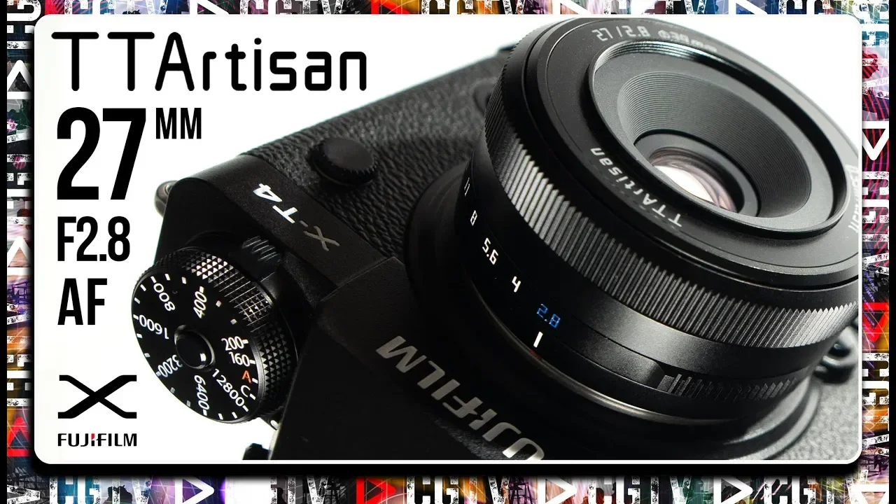 Close-up of a black Fujifilm camera with a 27mm f/2.8 lens, showing focus and aperture rings, with text listing camera specifications.