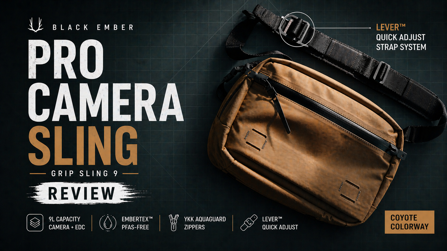 Review of the Black Ember Pro Camera Sling in Coyote Colorway, showing a brown camera bag with a black adjustable strap labeled Leve™ Quick Adjust Strap System, and text highlighting features such as 9L capacity, Embere™ PFAS-Free, YKK Aquaguard Zipp