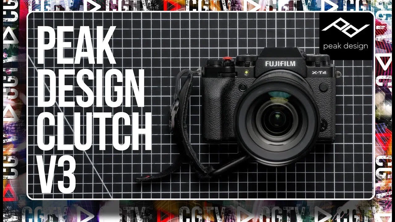 A Fujifilm camera placed on a black grid background with white text reading 'Peak Design Clutch V3' and a Peak Design logo in the top right corner.