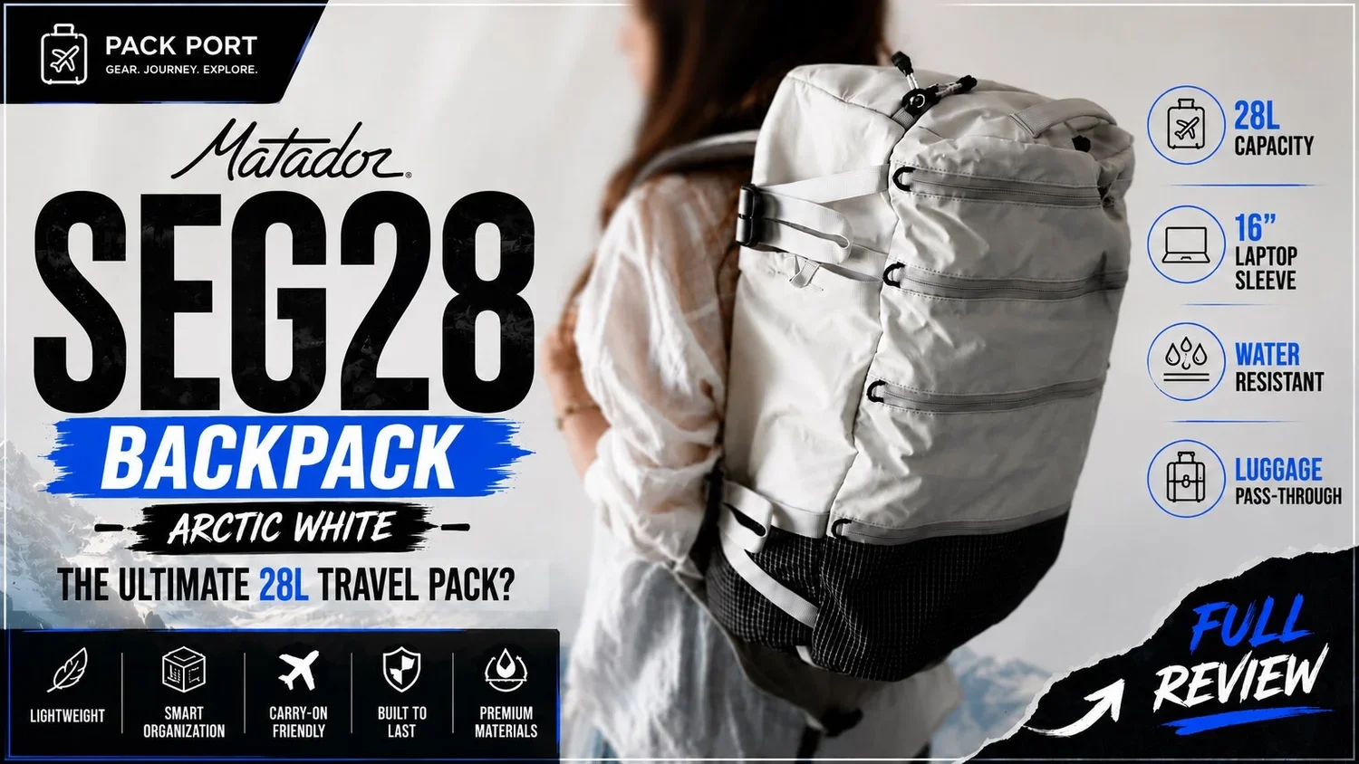 A person wearing an Arctic white Matador SEC28 backpack with multiple zippered compartments and adjustable straps. The backpack has a 28-liter capacity, features a 16-inch laptop sleeve, is water-resistant, and pass-through luggage compatibility. The