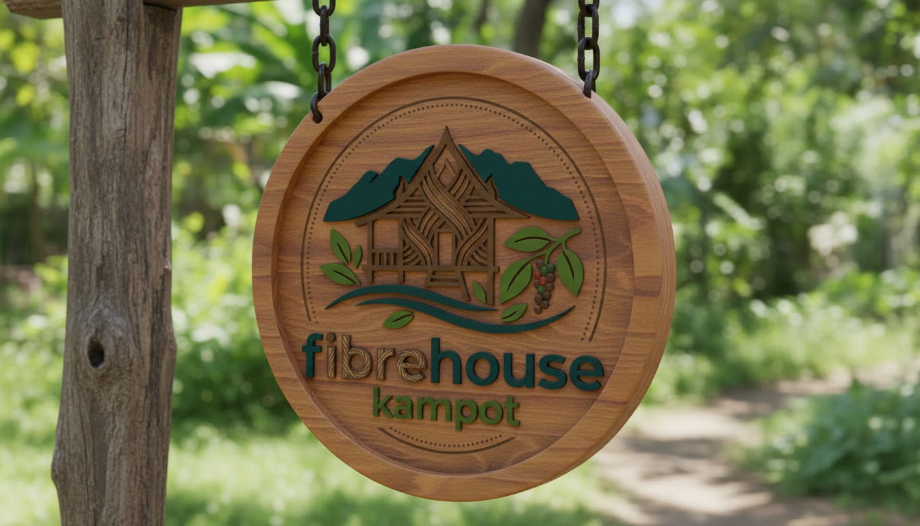 Round wooden sign hanging on a chain from a wooden post with trees and greenery in the background. The sign displays a stylized house, mountain, leaves, and berries, with the text "fibre house kampot".