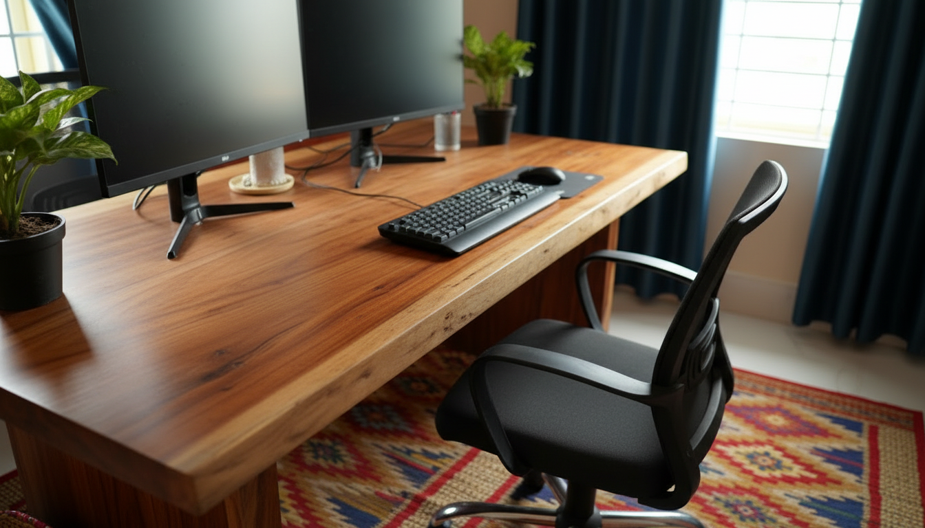 A home office desk with dual computer monitors, a black keyboard, a mouse on a mousepad, potted plants, and a window with blue curtains.