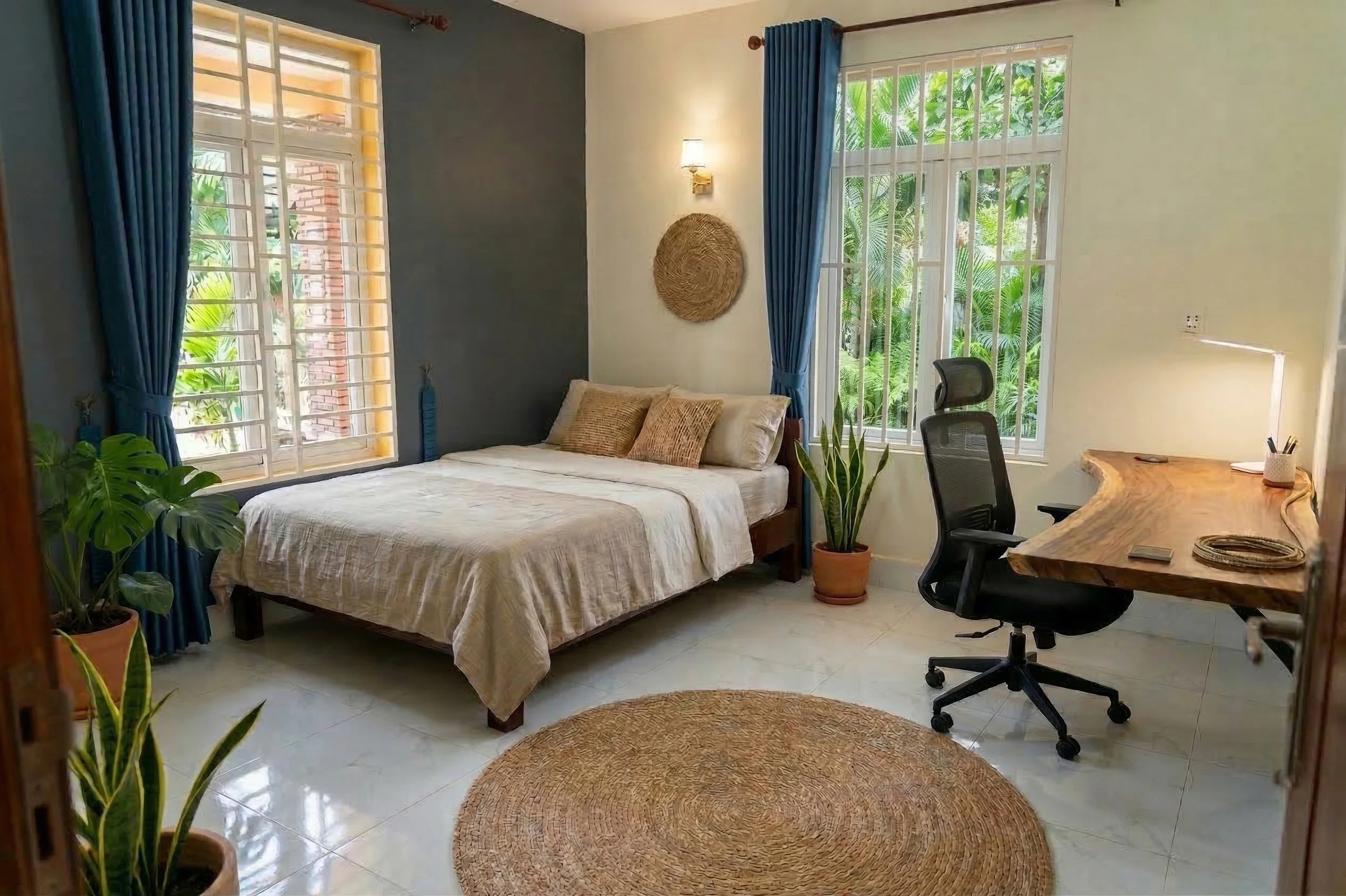 A bedroom with a bed near windows, blue curtains, potted plants, a wooden desk with a chair, a round rug, and outdoor greenery visible through the windows.