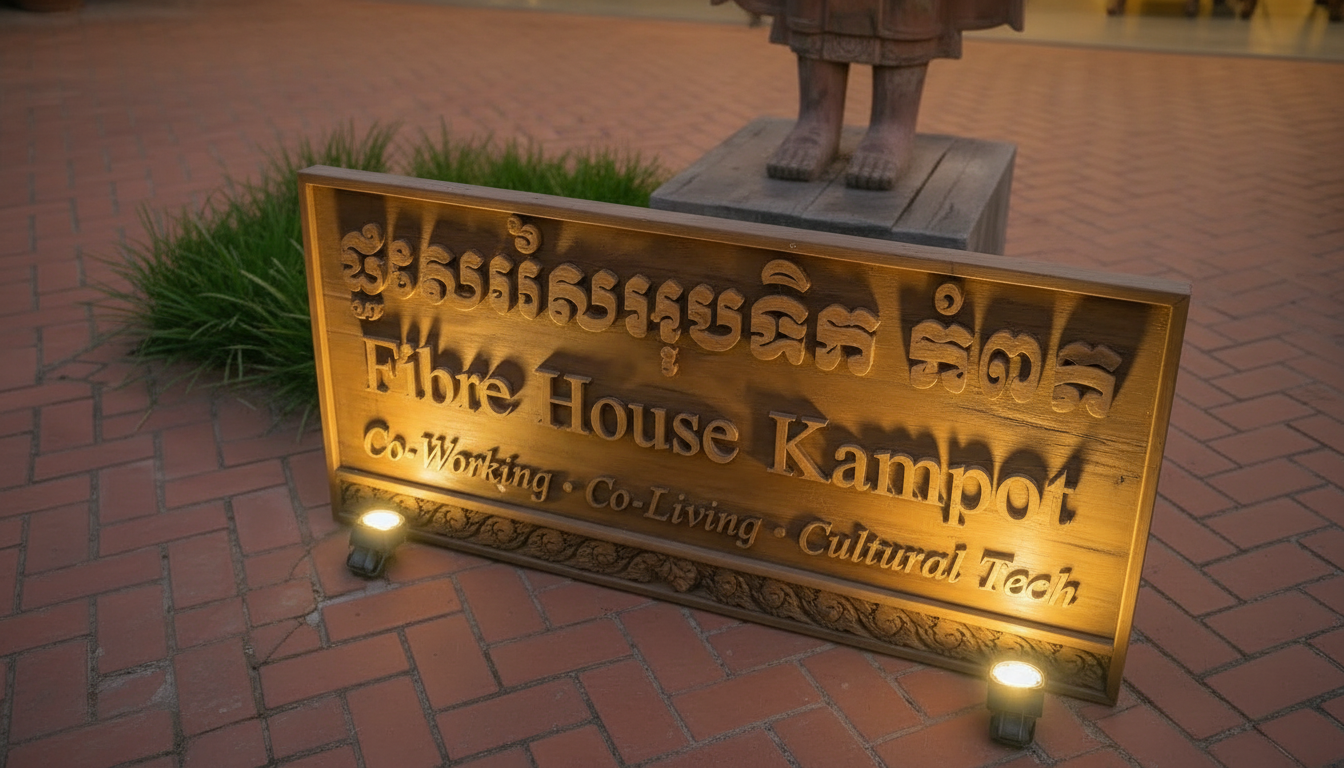 A wooden sign on brick pavement that reads 'Fibre House Kampot' with the subtext 'Co-Working, Co-Living, Cultural Tech' in English and a similar message in a non-Latin script, illuminated by two spotlights.