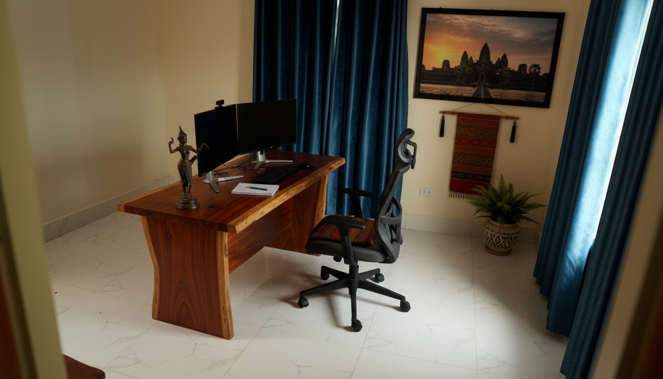 Home office with wooden desk, dual monitors, black ergonomic chair, framed sunset picture of Angkor Wat, hanging woven art, potted fern, blue curtains, and white tiled floor.