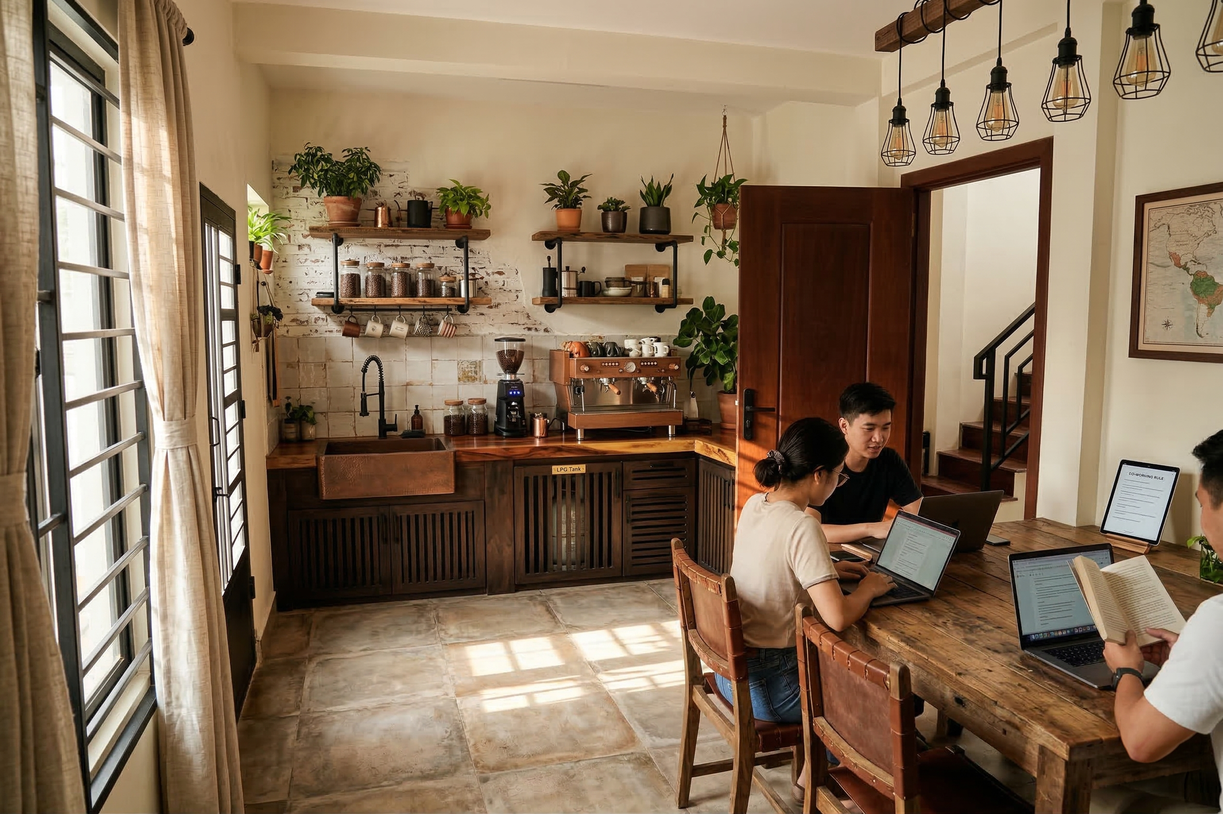 A cozy coffee shop with a group of people working on laptops at a wooden table, background of kitchen with shelves, coffee machine, plants, and natural light coming through windows.