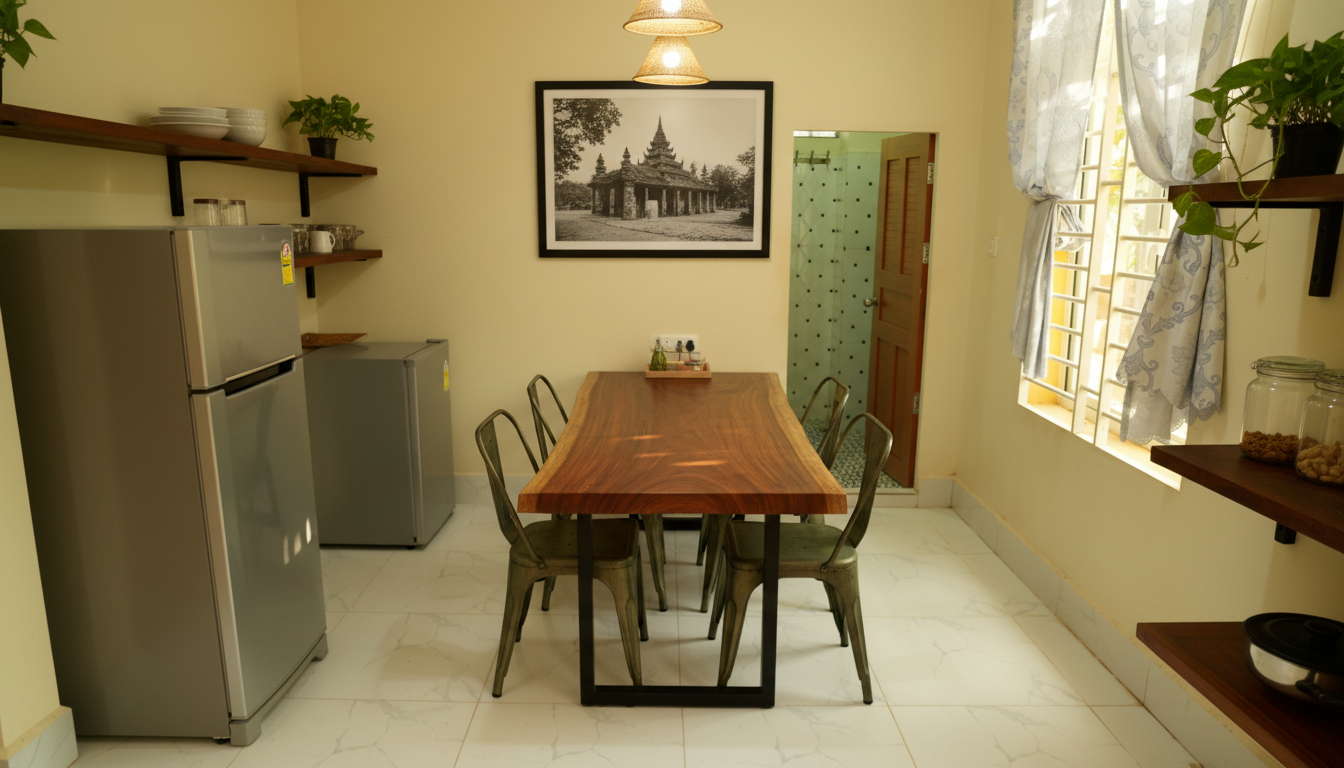 A dining room featuring a wooden table with six metal chairs, a framed black-and-white photo on the wall, open windows with curtains, and shelves with dishes and decorative items.