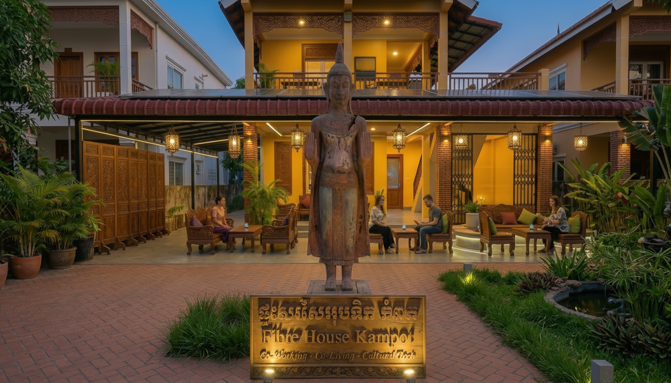 An outdoor view of Fibre House Kampot, a cultural accommodation with a large wooden statue in the foreground, surrounded by lush plants, and an open seating area with people sitting on chairs, illuminated by warm lighting at twilight.