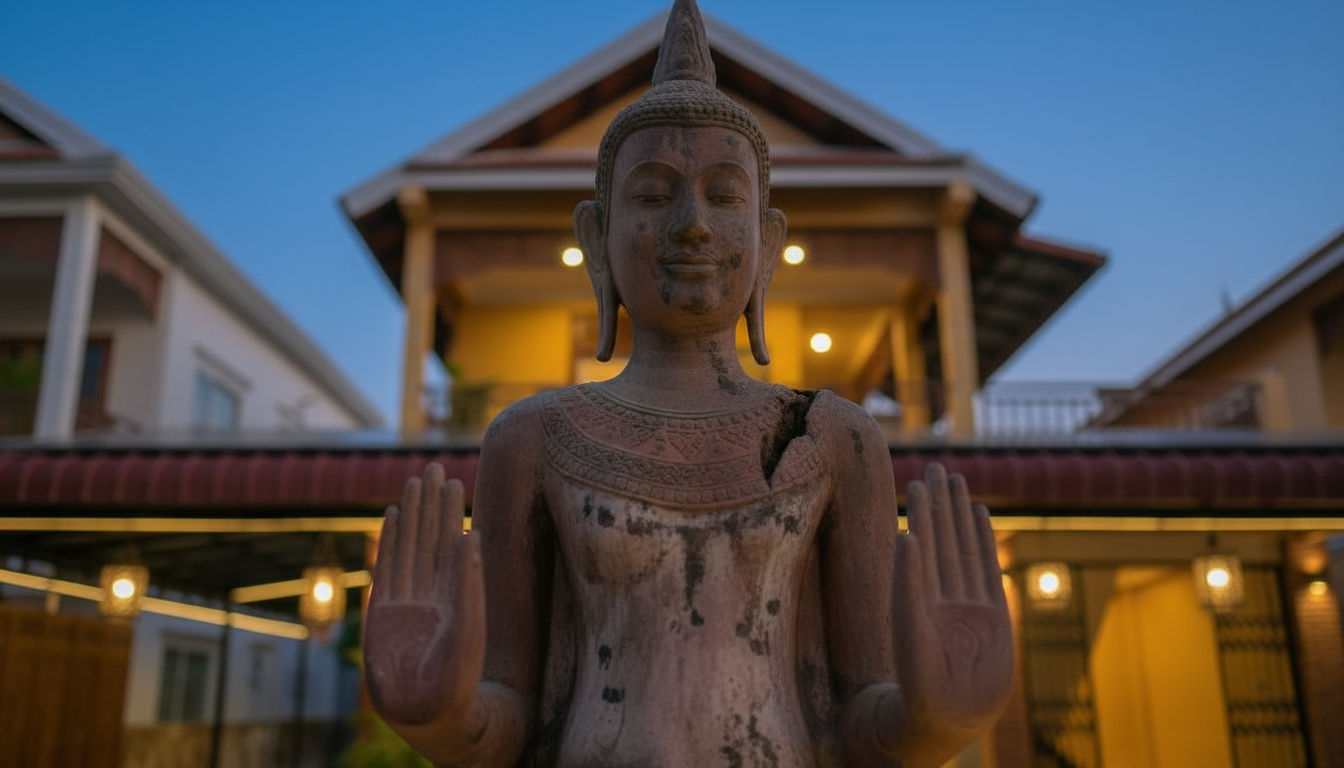 A carved stone Buddha statue with hands raised in a gesture, standing in front of a lit building during dusk.