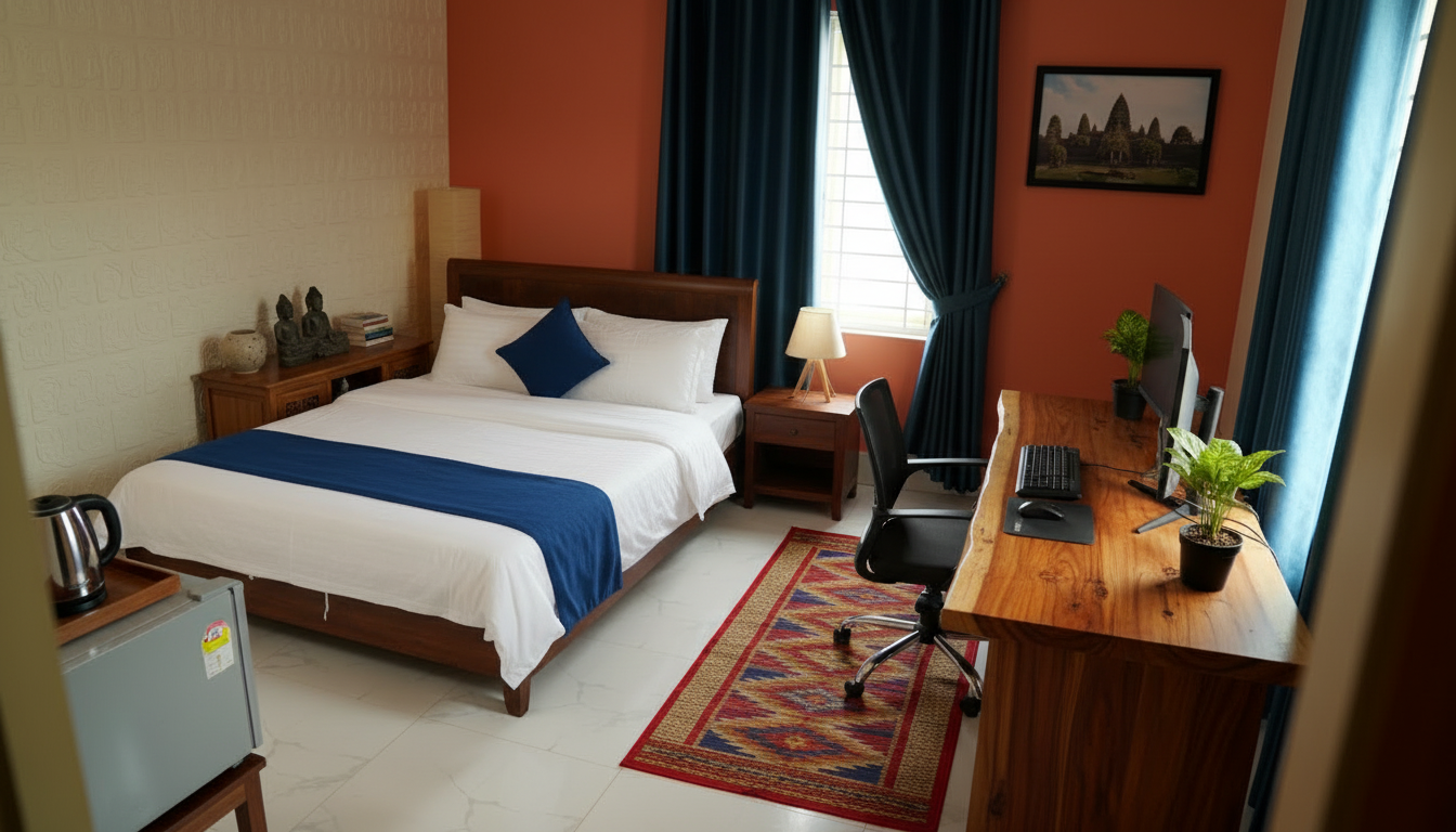 Hotel room with a bed, a wooden desk with a computer and potted plants, and a window with blue curtains.
