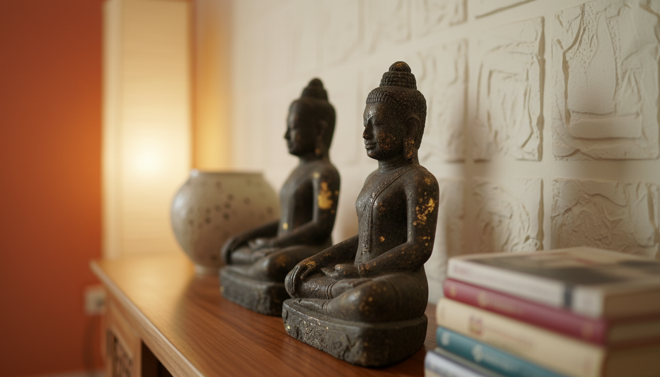 Two aged metal Buddha statues sitting on a wooden surface against a textured white brick wall, with a ceramic pot and a stack of books nearby.