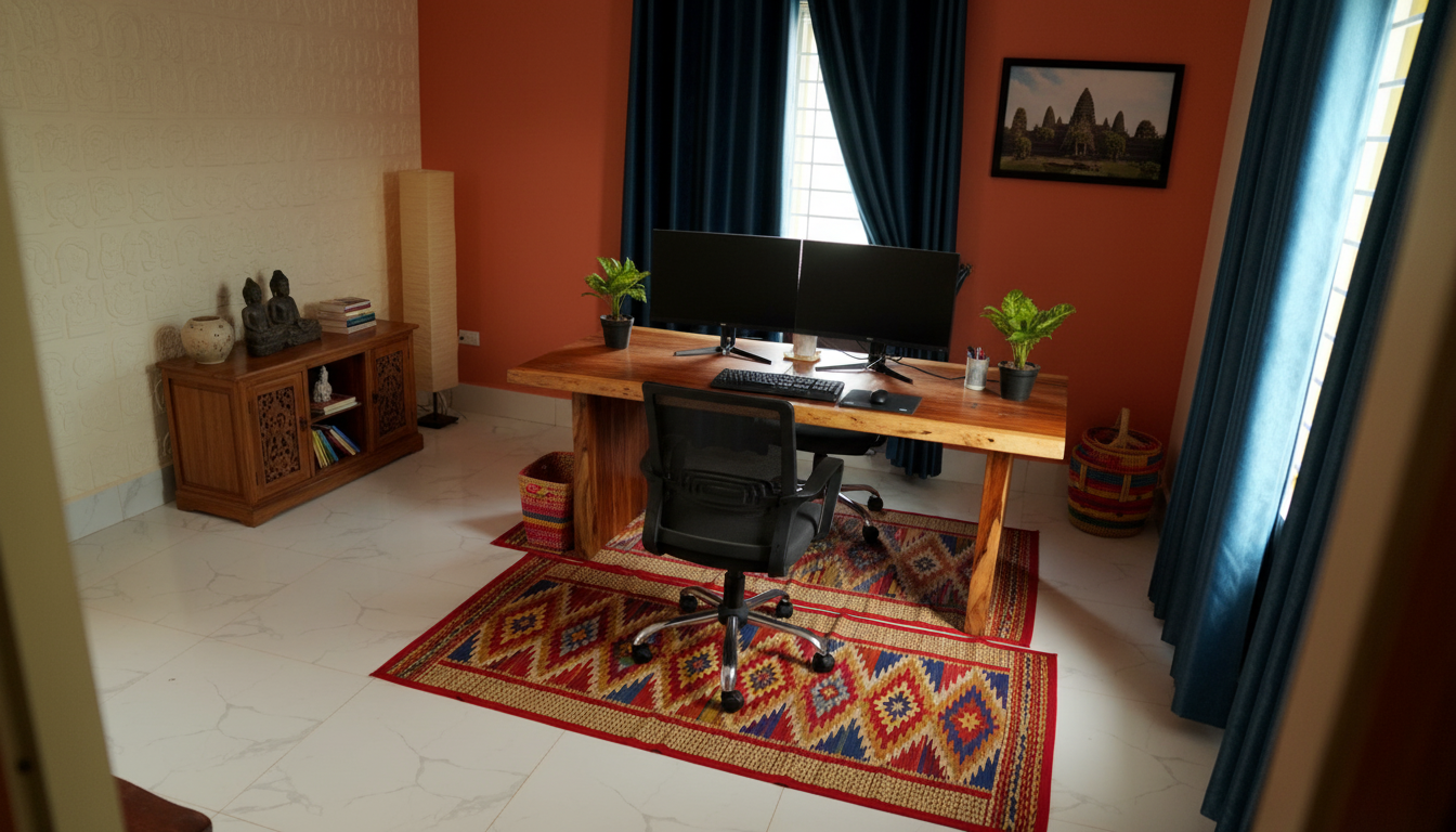 Home office with wooden desk, dual monitors, black office chair, potted plants, framed picture, colorful rug, blue curtains, and decorative items.