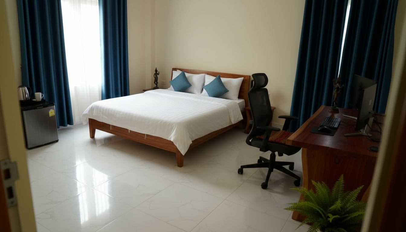 A hotel room with a bed, a desk with a computer, a chair, and curtains.