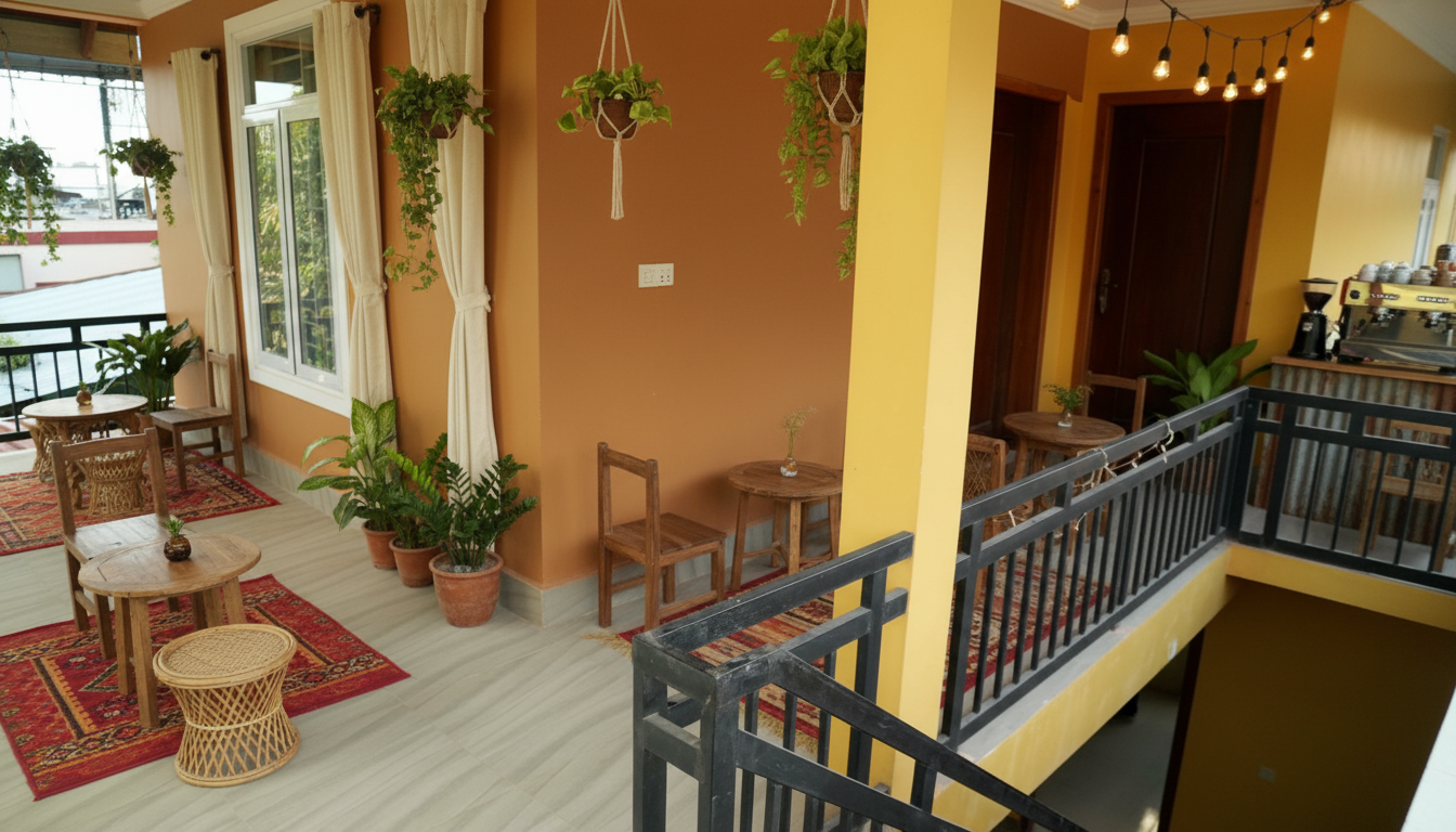Interior of a cozy, decorated apartment with plants, rugs, small tables, and a balcony visible through the window.