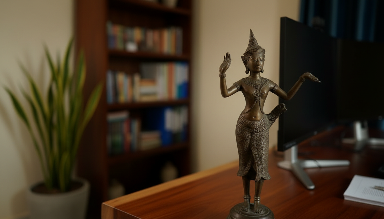 A decorative bronze statue of a dancer wearing traditional attire, standing on a wooden desk in front of a bookshelf, a potted plant, and a computer monitor.