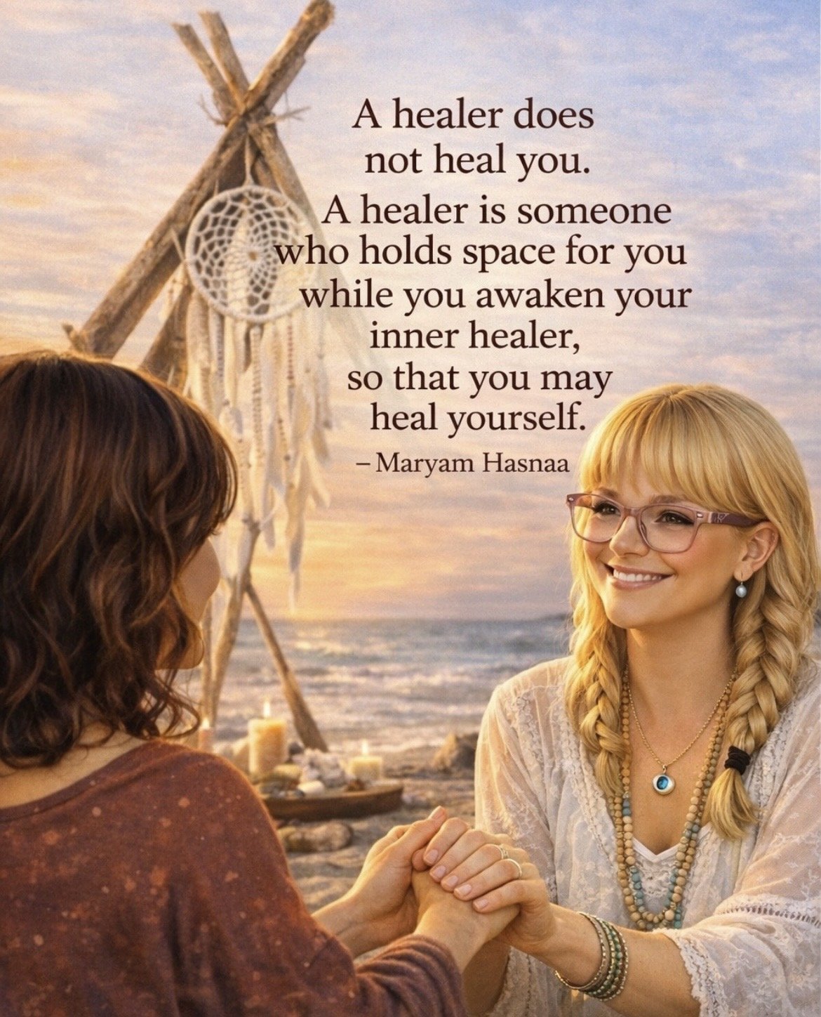 Two women hold hands during a sunset at the beach, with a dreamcatcher hanging on a wooden structure behind them. There is a quote about healing and support by Maryam Hasnaa overlaid on the image.