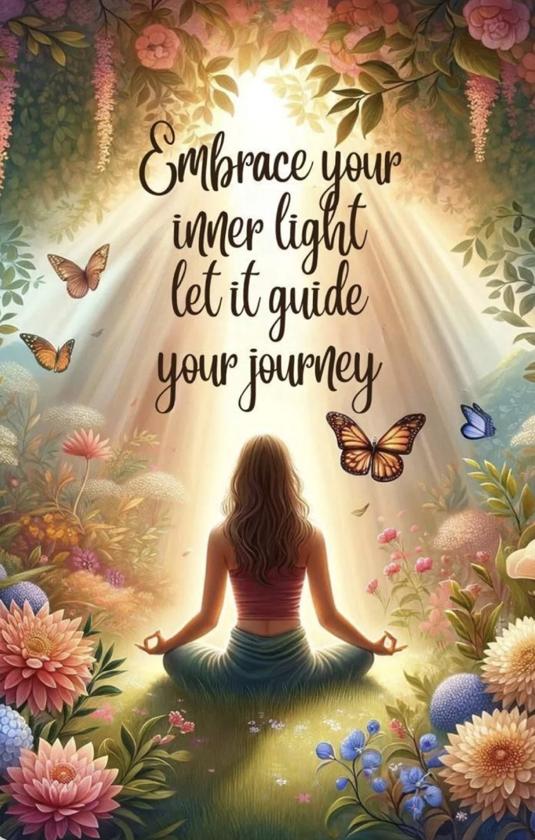 A woman practicing yoga in a peaceful, colorful garden with butterflies and flowers, illuminated by a warm, glowing light, with an inspirational quote about embracing inner light.